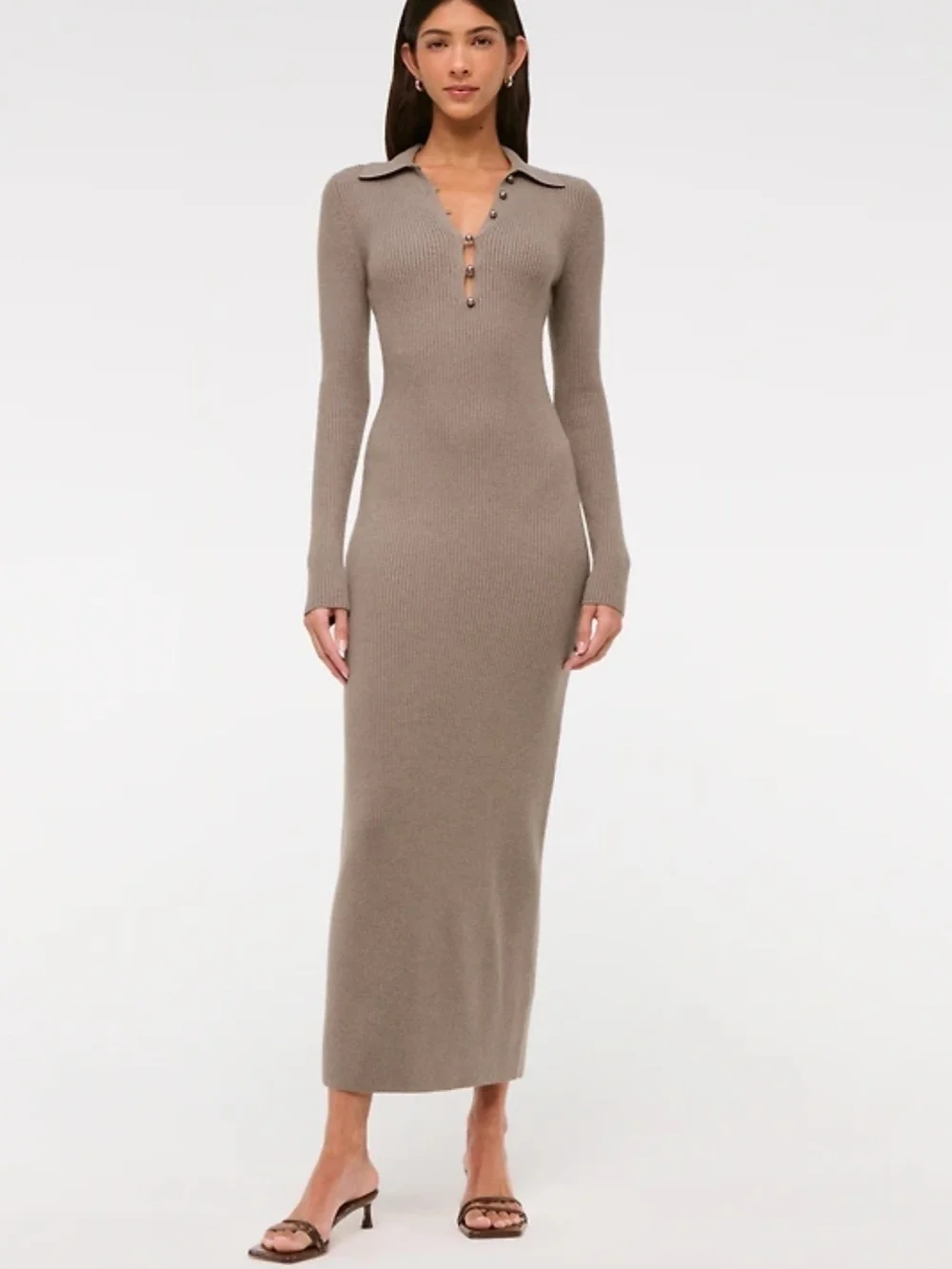 Women's Long-Sleeve Collared Midi Sweater Dress in Light Brown | Size M PETITE | Abercrombie & Fitch